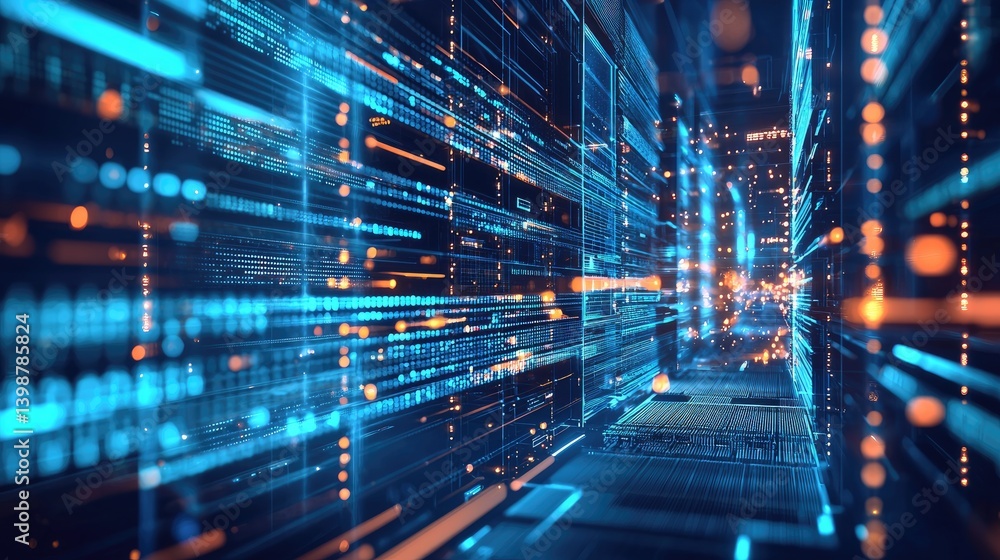 Aufkleber abstract futuristic data streams flow between digital servers in a glowing blue hallway, ideal for c