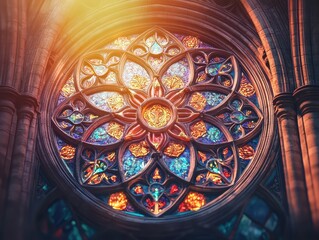 Colorful circular stained glass window with intricate floral patterns and textured stone border. Golden light filtering through.