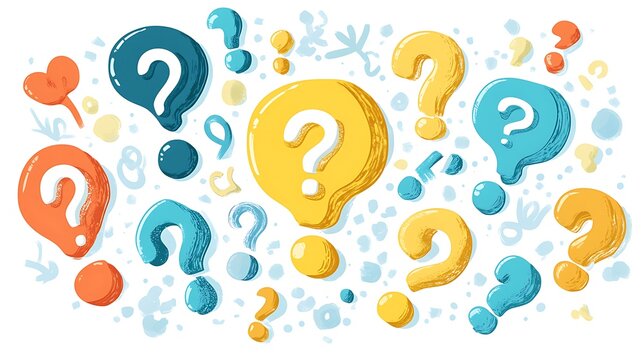 Colorful question marks scattered on a white background.