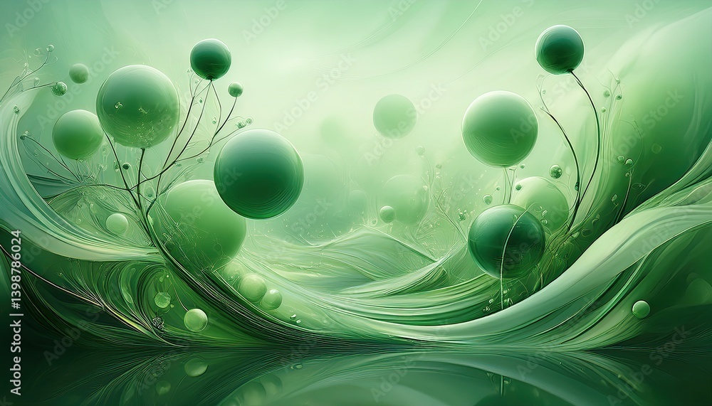 Poster jade spheres float in soft green fog, creating an ethereal, tranquil atmosphere