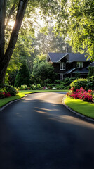 Serene Suburban Driveway Leading to a Charming Home Enhanced by Lush Greenery and Vibrant Flowers