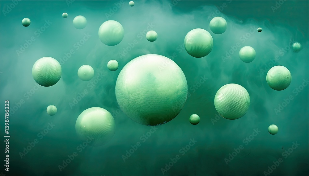 Poster floating jade spheres emerge from ethereal green fog creating an enchanting atmosphere of mystery