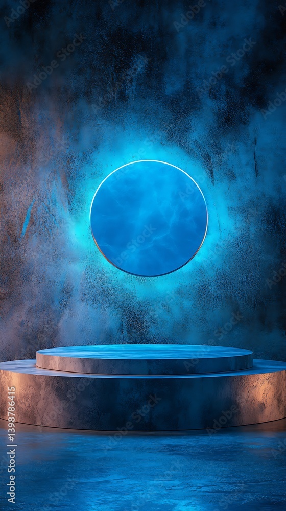 Aufkleber illuminated podium: a futuristic minimalist design featuring a glowing circle in a foggy environment