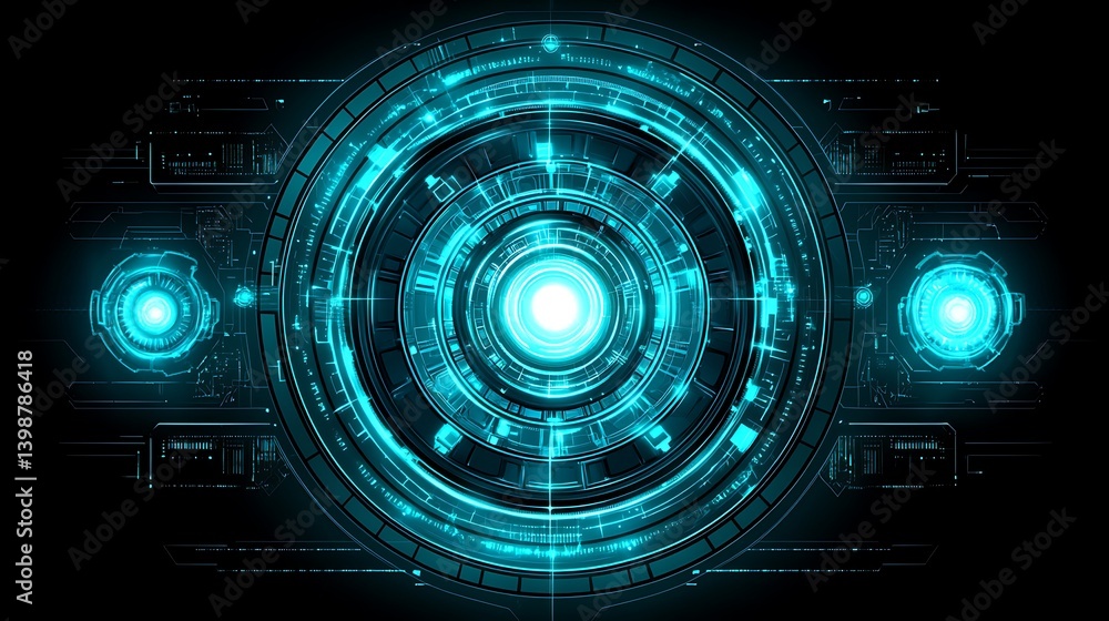 Fototapete Futuristic glowing turquoise circular interface design with intricate circuit patterns.