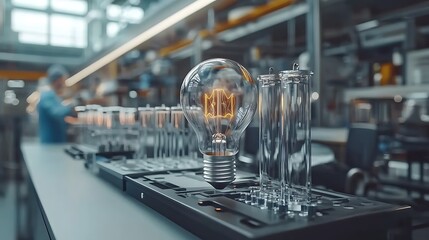 A glowing light bulb in a modern manufacturing facility.