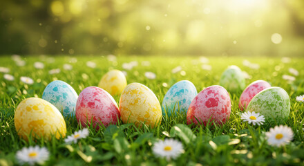Colorful Easter Eggs in Grass Field – Vibrant Spring Scene with Pastel Colors and Bokeh Effect
