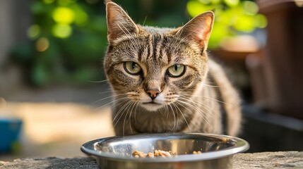 A tabby cat stares intently at a silver bowl filled with food outdoors in natural light setting