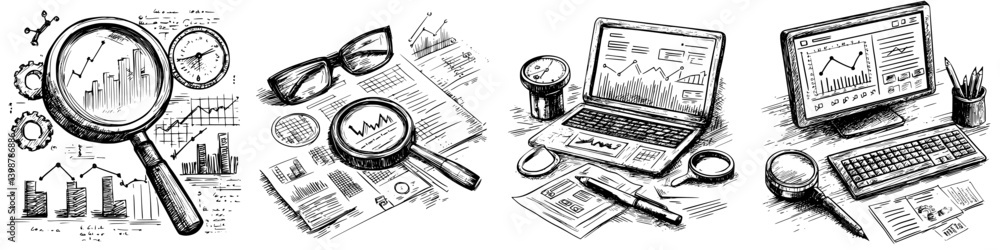 Poster charts and graphs display business analysis tools in a workspace setting during the daytime