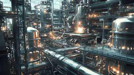 Fototapeta premium A high-tech industrial facility converting waste into diesel, featuring shiny metal tanks, intricate pipe networks, and steel walkways. modern, sustainable, and efficient. Fireborn Steel. Illustration