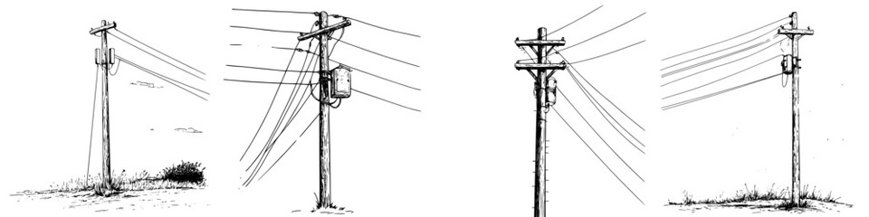 Power poles stand tall in a rural landscape, showcasing utility infrastructure against a clear sky