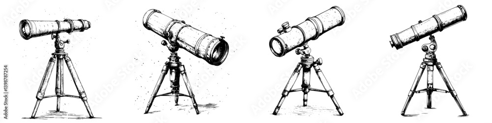 Poster various designs of telescopes showcasing their evolution in style and functionality from different p