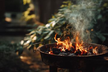 Burning coals in a metal brazier, smoke rising, set against a blurred garden background, conveying warmth, outdoor cooking, and summer ambiance