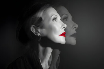 A striking black-and-white portrait that captures grace and introspection, enhanced by bold red lips.