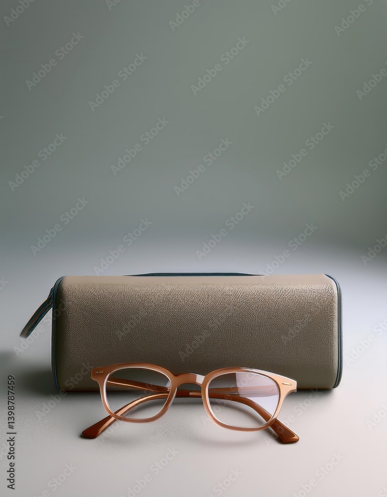 Poster elegant reading glasses resting beside a stylish closed case on a serene tabletop