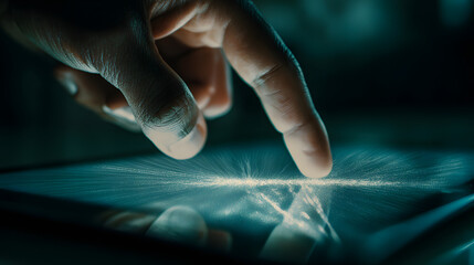A hand reaches out to a glowing screen, symbolizing digital interaction and human connection.