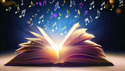 Open Book Shows Dancing Musical Notes, Sparking Imagination in a Vibrant Fantasy