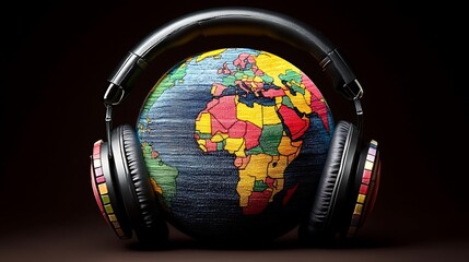 Global soundscape: headphones draped over a world map.