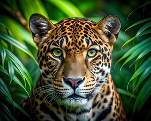 Obraz premium Captivating Jaguar Portrait in Lush Greenery, Wildlife Beauty and Exotic Appeal.