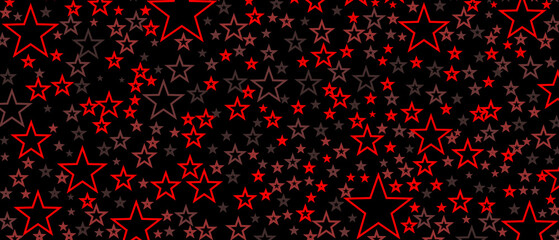 Black background with pattern of red stars in multiple sizes. Decorative background with five-pointed stars in flat style