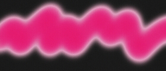 Fuchsia wavy line with shiny border on black background and grainy texture. Fuchsia neon curves on dark diffuse surface