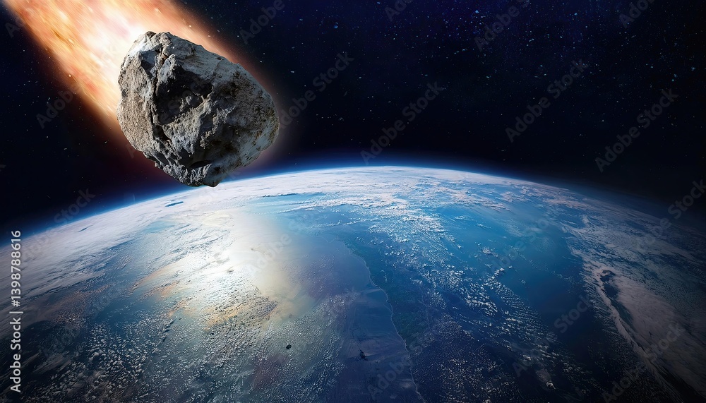 Poster asteroid hurtles towards earth with a fiery glow in the depths of space