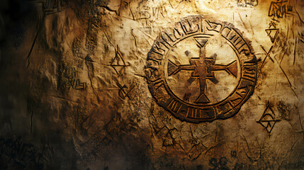 Fototapeta premium Ancient mystical symbols on weathered manuscript background. Temporal Runes. Illustration