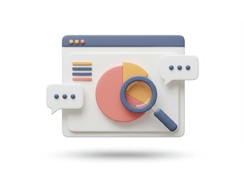 Illustration of browser window with pie chart and magnifying glass