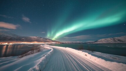 Majestic northern lights illuminate a tranquil snowy landscape near a serene lake in winter's embrace during a clear night Generative AI