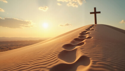Cross on a Sand Dune at Sunrise with Footprints Leading Toward It  