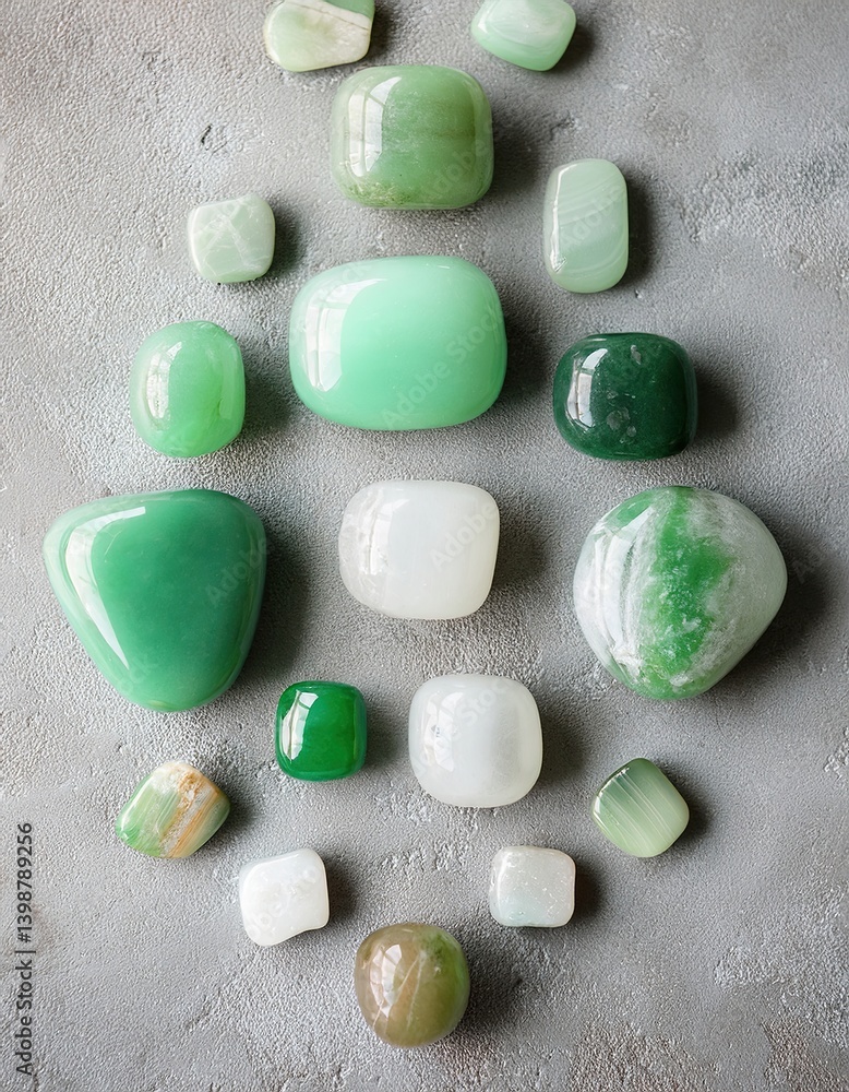 Poster Assorted jade pieces thoughtfully arranged on a smooth light concrete surface for artistic display