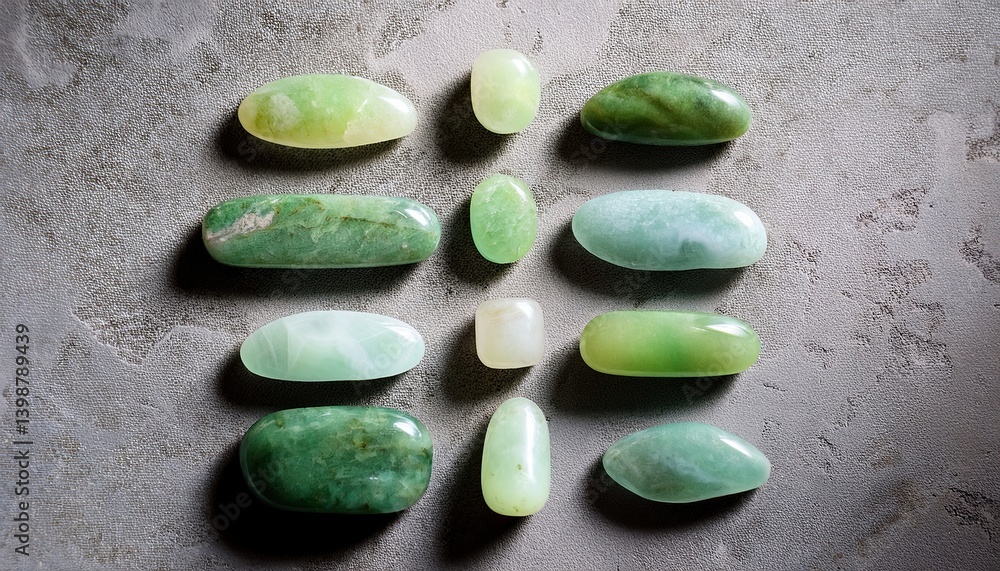 Poster exploring the elegance of assorted jade pieces on a textured concrete surface at midday