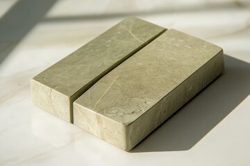 Two rectangular stone blocks sitting on a reflective surface