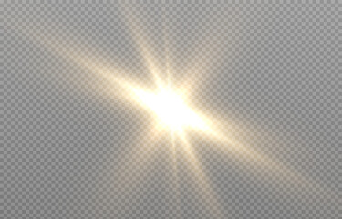 Vector light on isolated transparent background. Sun, rays of light png. Magic glow, golden light png.