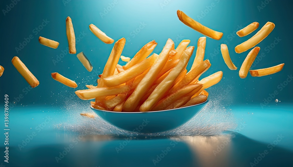 Poster delightful floating fries creating a whimsical moment in a pastel blue atmosphere