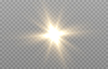Vector light on isolated transparent background. Sun, rays of light png. Magic glow, golden light png.