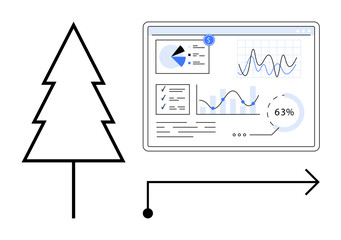 Technology dashboard with charts, graphs, and percentage on a monitor. Pine tree and arrow symbolize growth, progress, and ecology. Ideal for sustainability, growth, progress technology business