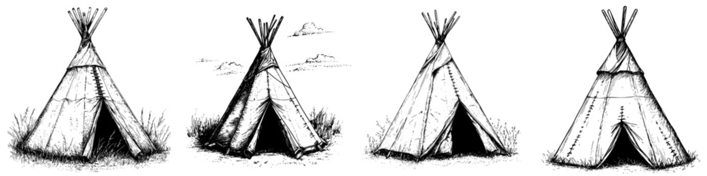 Various styles of teepees in a natural setting showcasing traditional indigenous housing craftsmanship