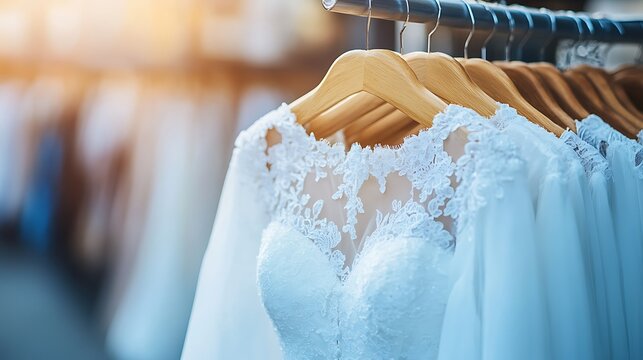 A selection of beautiful white wedding gowns on hangers.