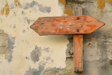 A weathered wooden arrow sign on a peeling textured wall