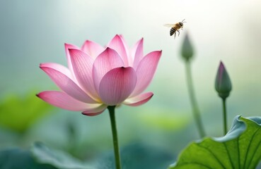 Pink lotus flower in full bloom. Delicate petals, bee flying near. Water lily plant. Nature, spring, blossom, garden, bloom, flower, beauty, floral, plant, macro, leaf, summer, beautiful. Peaceful,