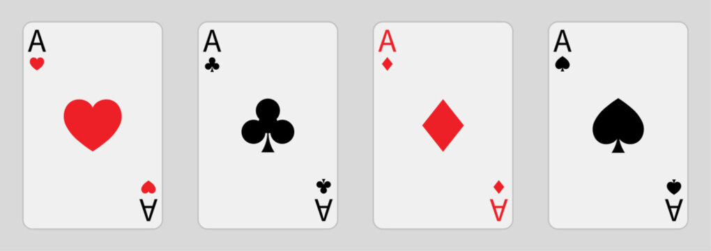 Four aces playing card icon set. Hearts, clubs, diamonds, spades ace. Suit deck of playing cards isolated. Casino gambling concept. Poker cards suits. Flat design. Vector illustration.