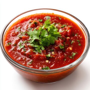 Clear bowl filled with vibrant red salsa and fresh cilantro sprigs isolated on white background