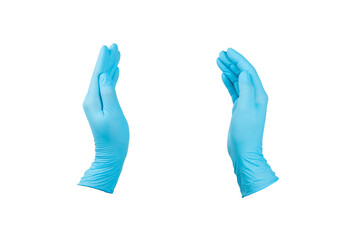 Medical nitrile gloves isolated on white background. Surgical latex gloves. Rubber gloves production. Doctor or nurse putting on protective gloves. Medicine concept. Sterility, protection.