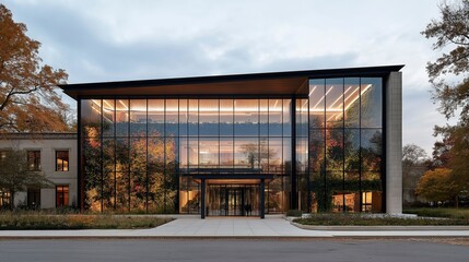 Innovative architectural marvel stands proudly amidst autumn foliage at sunset in a tranquil urban landscape Generative AI