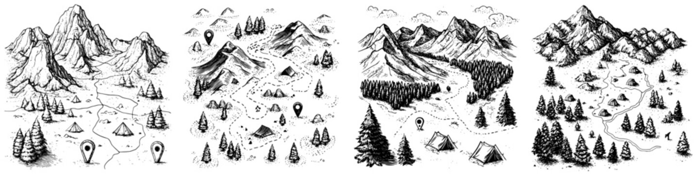 Hand-drawn adventure map illustrating mountain trails, campsites, and scenic locations in an outdoor wilderness setting