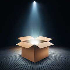 Mysterious glowing box in dramatic spotlight on wooden floor