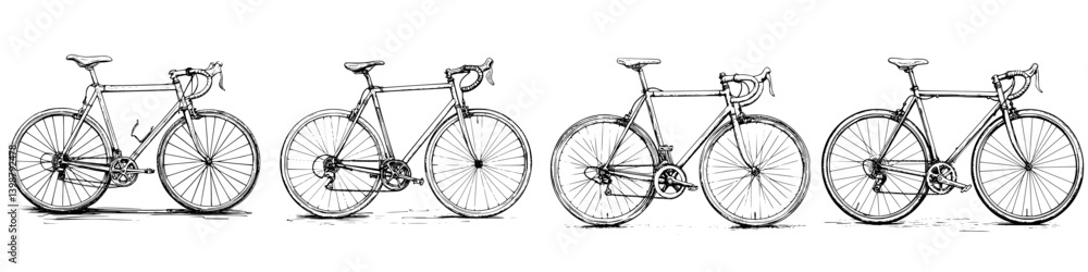 Poster detailed sketches of four bicycle designs showcasing different styles and configurations for urban c