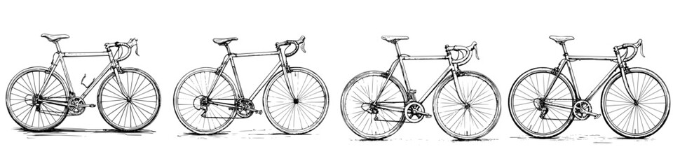 Detailed sketches of four bicycle designs showcasing different styles and configurations for urban cycling enthusiasts