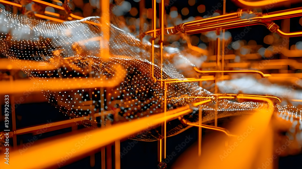Poster smart network and connection concept. orange, futuristic digital style. 3d render.