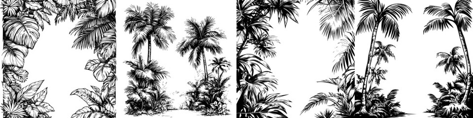 Tropical foliage illustration showcasing various palm trees and lush plants in a detailed black and white design